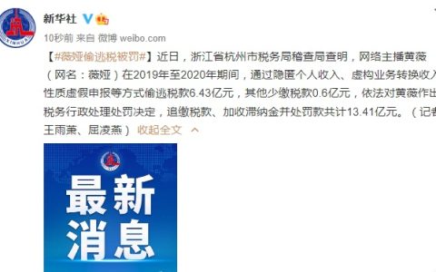 网络主播薇娅逃税被查处 罚款13.41亿元！