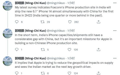 郭明錤：印度或将首次与中国同时出货iPhone14